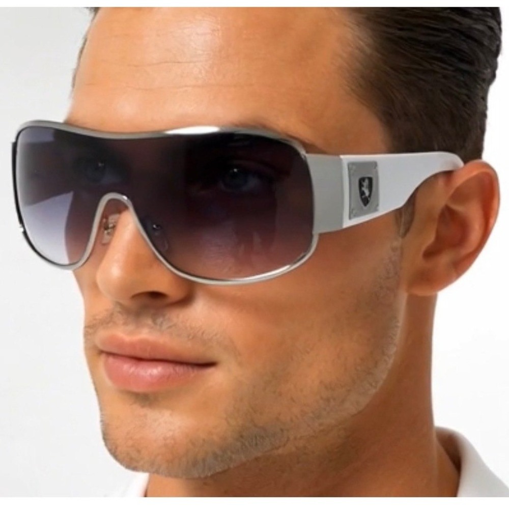 Men Shield Sunglasses Silver White Wrap Oversize Smoke Gradient Lens Performance
